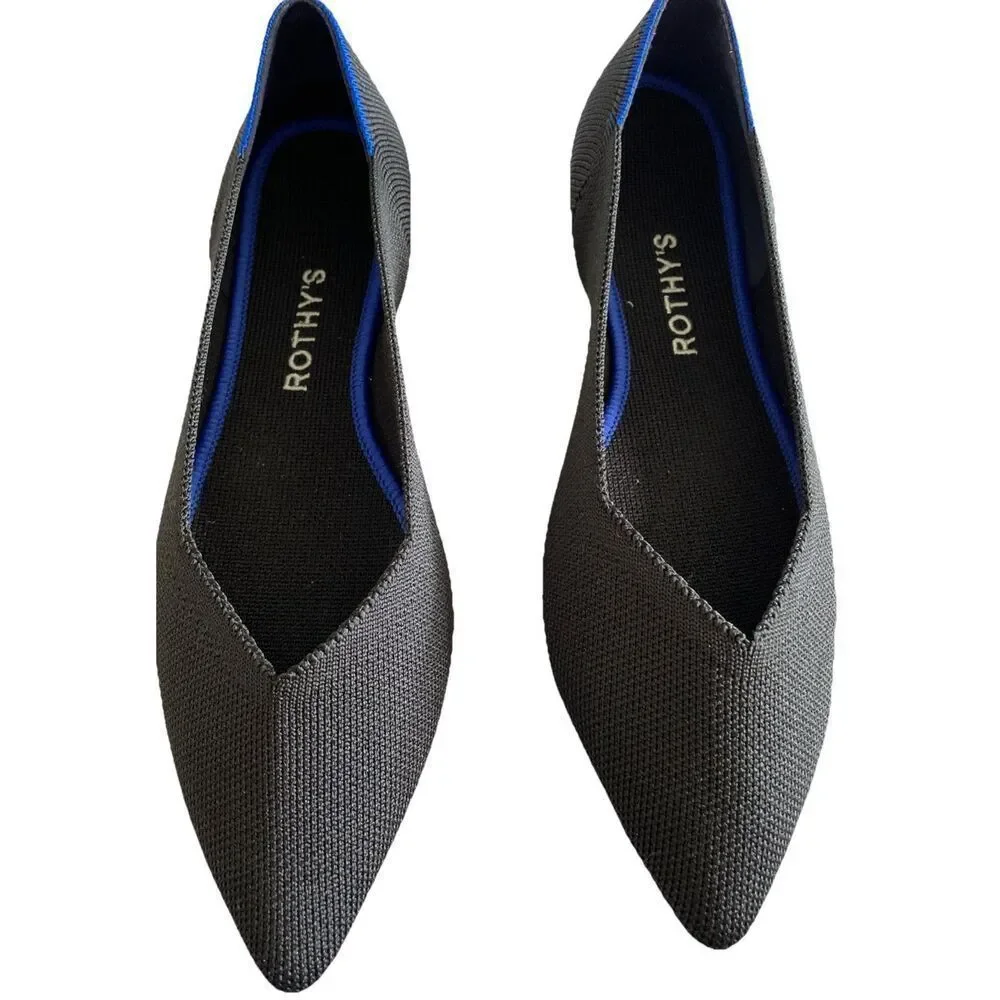 Rothy's Black Pointed Toe Flats with Blue Trim